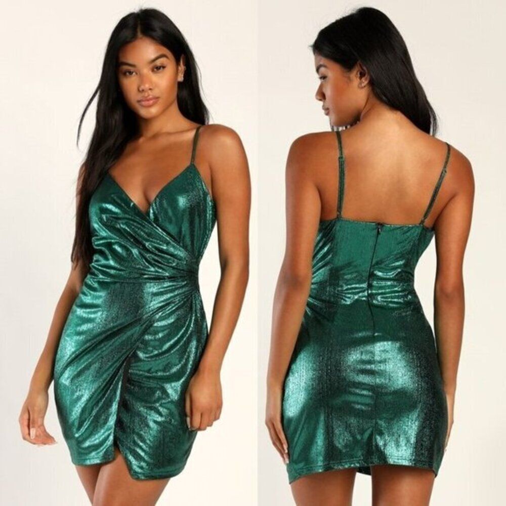 Lulus Women‎'s Bodycon Mini Dress Stretch Knit Party Metallic Cocktail Green XL